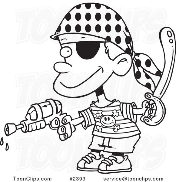 Cartoon Black and White Line Drawing of a Pirate Boy Shooting Water Gun