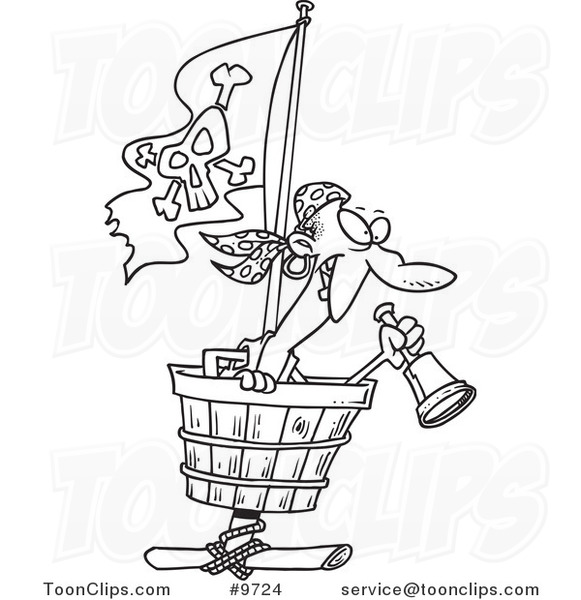 Cartoon Black and White Line Drawing of a Pirate in a Crows Nest