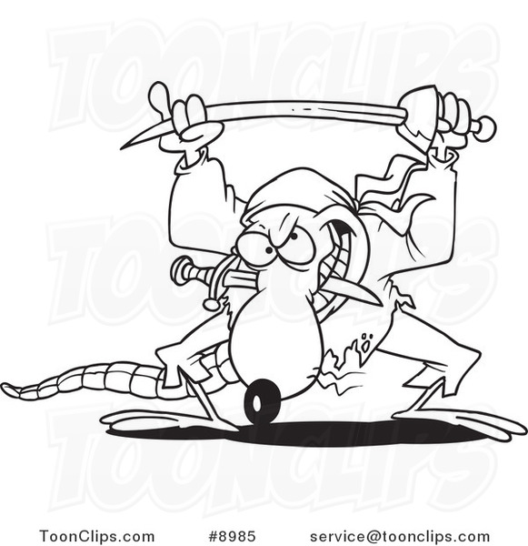 Cartoon Black and White Line Drawing of a Pirate Rat