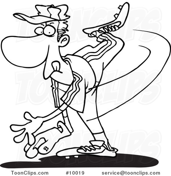 Cartoon Black and White Line Drawing of a Pitcher Throwing