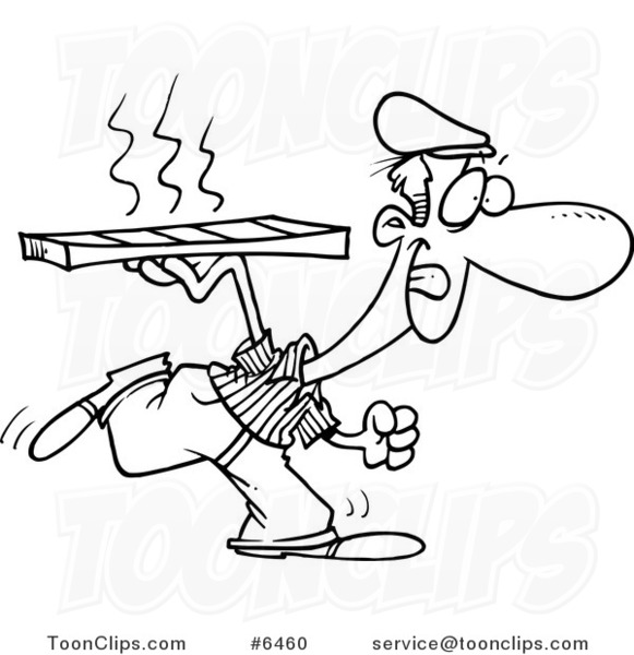 Cartoon Black and White Line Drawing of a Pizza Delivery Guy Running
