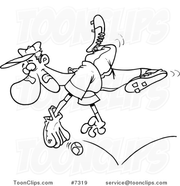 Cartoon Black and White Line Drawing of a Player Diving for a Baseball