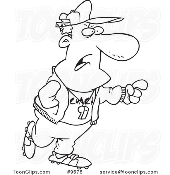 Black and White Cartoon Baseball Coach Clipart