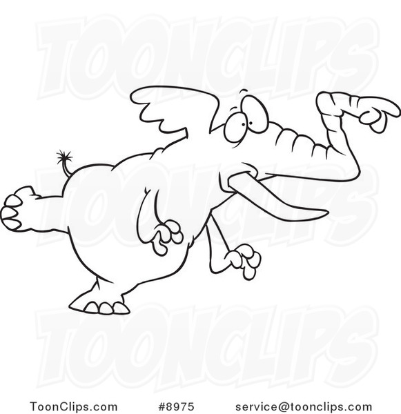 Cartoon Black and White Line Drawing of a Pointing Elephant