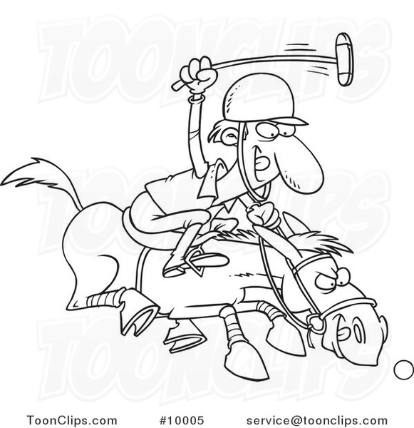 Cartoon Black and White Line Drawing of a Polo Player