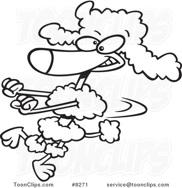 Cartoon Black and White Line Drawing of a Poodle Doing a Happy Dance