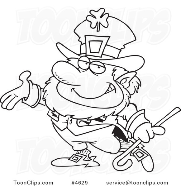 Cartoon Black and White Line Drawing of a Presenting Leprechaun
