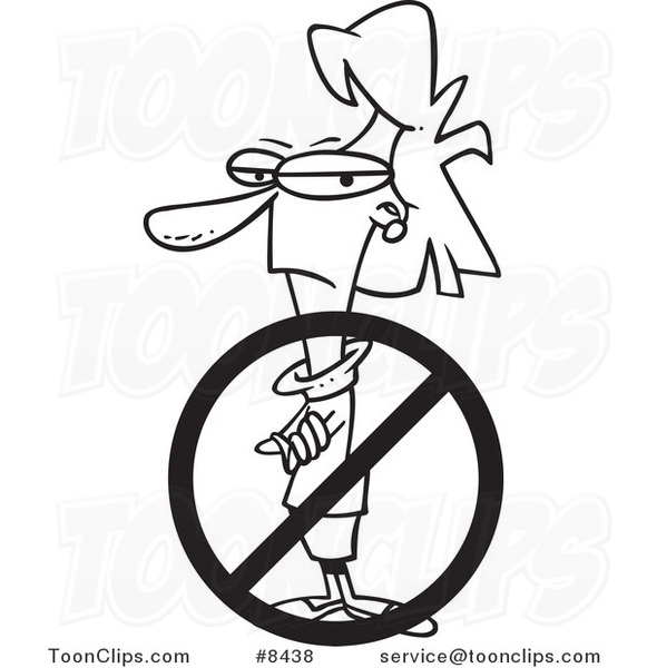 Cartoon Black and White Line Drawing of a Prohibited Business Woman