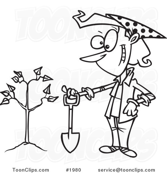 Cartoon Black and White Line Drawing of a Proud Lady with a Shovel by a Newly Planted Tree