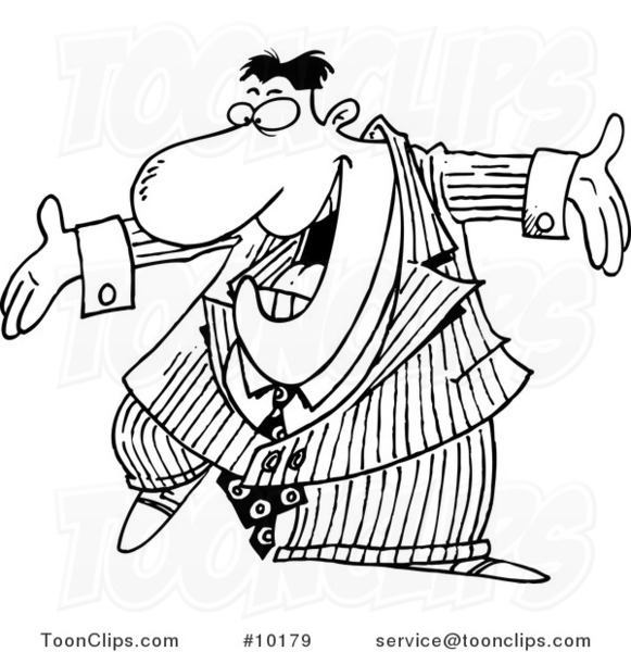 Cartoon Black and White Line Drawing of a Pushy Business Man