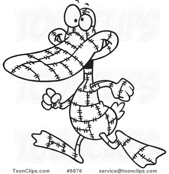 Cartoon Black and White Line Drawing of a Quilted Duck