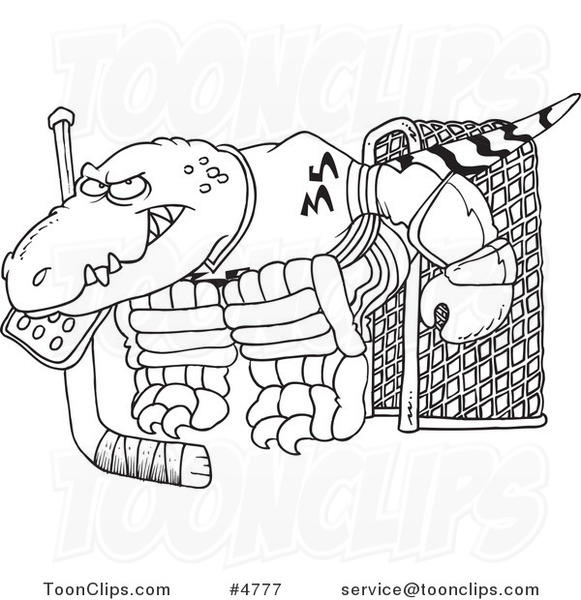 Cartoon Black and White Line Drawing of a Raptor Goalie