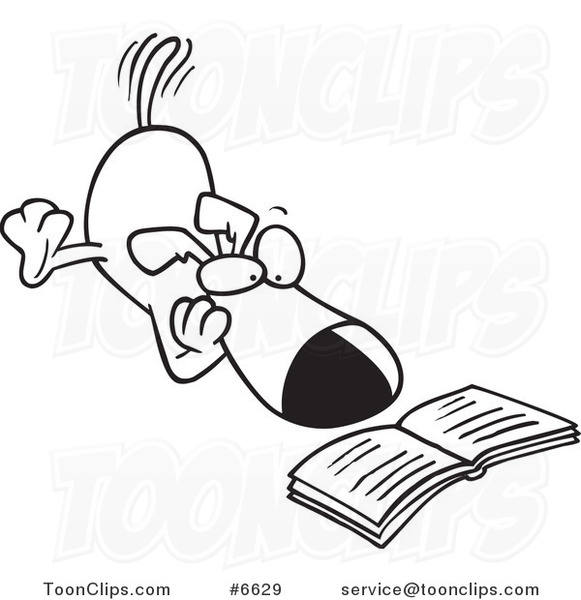 Cartoon Black and White Line Drawing of a Reading Dog