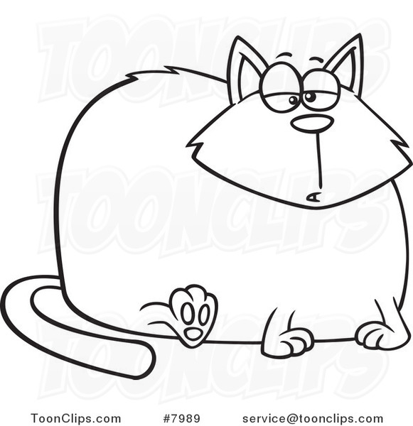 Cartoon Black and White Line Drawing of a Really Fat Cat