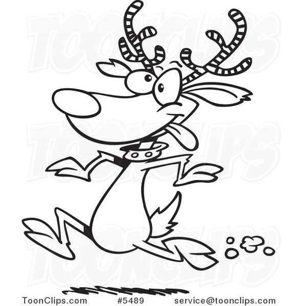 Cartoon Black and White Line Drawing of a Reindeer Running