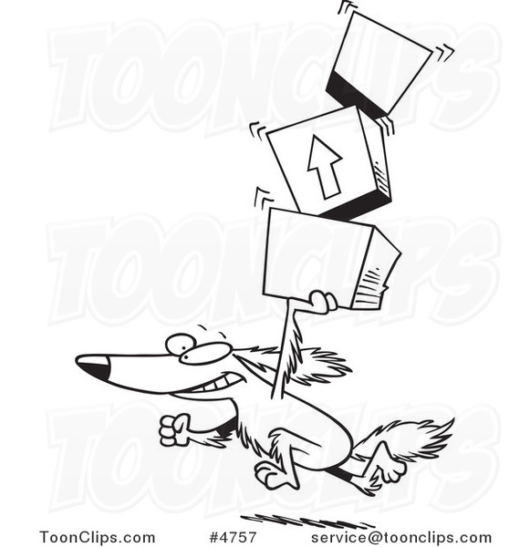 Cartoon Black and White Line Drawing of a Retriever Dog Carrying Packages