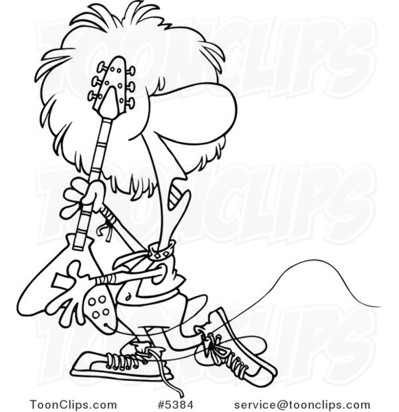 Cartoon Black and White Line Drawing of a Rocker Playing a Guitar