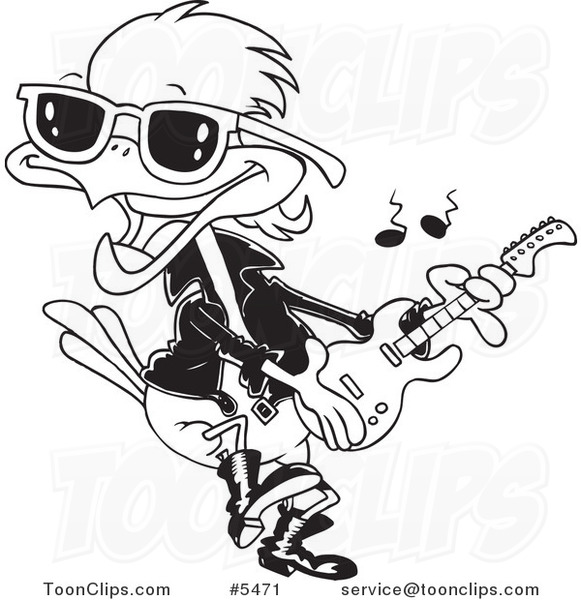 Cartoon Black and White Line Drawing of a Rocker Robin