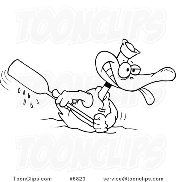 Cartoon Black and White Line Drawing of a Rowing Duck
