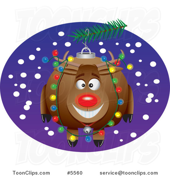 Cartoon Black and White Line Drawing of a Rudolph Bauble