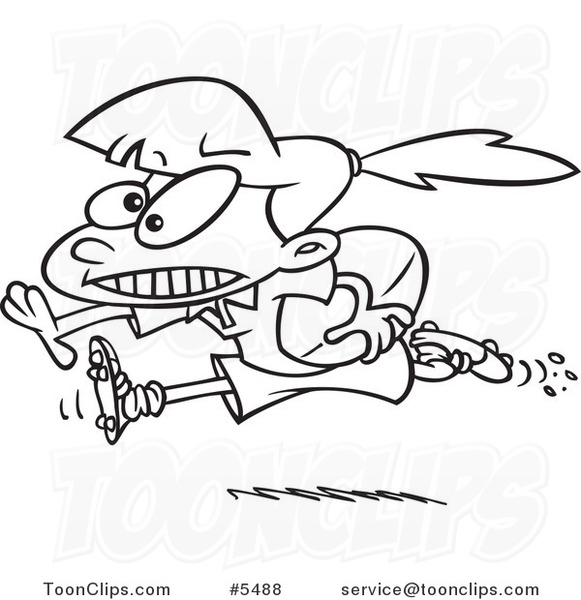 Cartoon Black and White Line Drawing of a Rugby Girl Running with a Ball