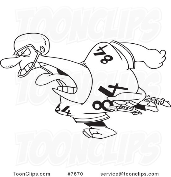 Cartoon Black and White Line Drawing of a Running Football Player
