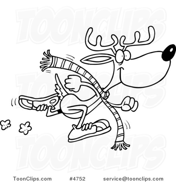 Cartoon Black and White Line Drawing of a Running Reindeer #4752 by Ron  Leishman
