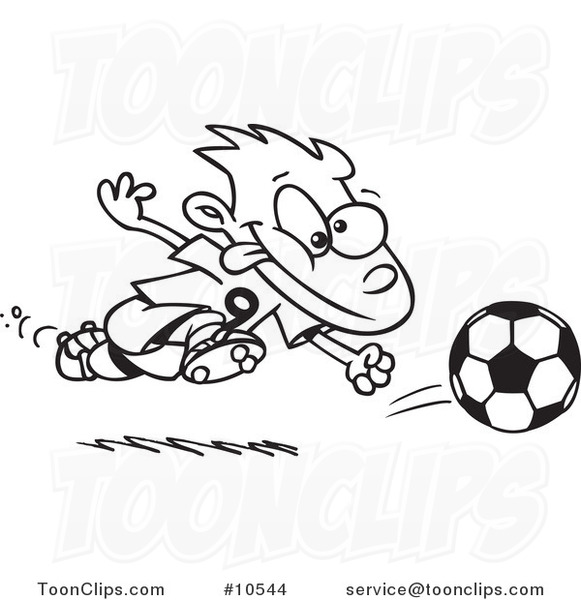 Cartoon Black and White Line Drawing of a Running Soccer Boy