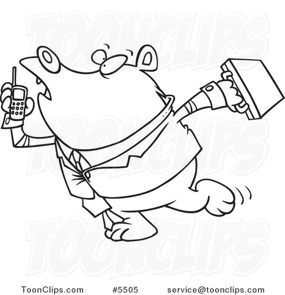 Cartoon Black and White Line Drawing of a Rushed Business Bear
