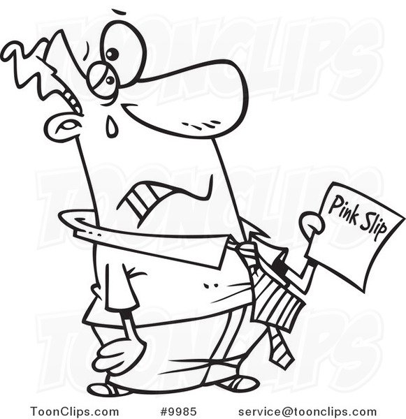 Cartoon Black and White Line Drawing of a Sad Business Man Holding a Pink Slip