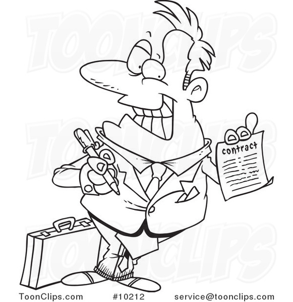 Cartoon Black and White Line Drawing of a Salesman Holding a Contract