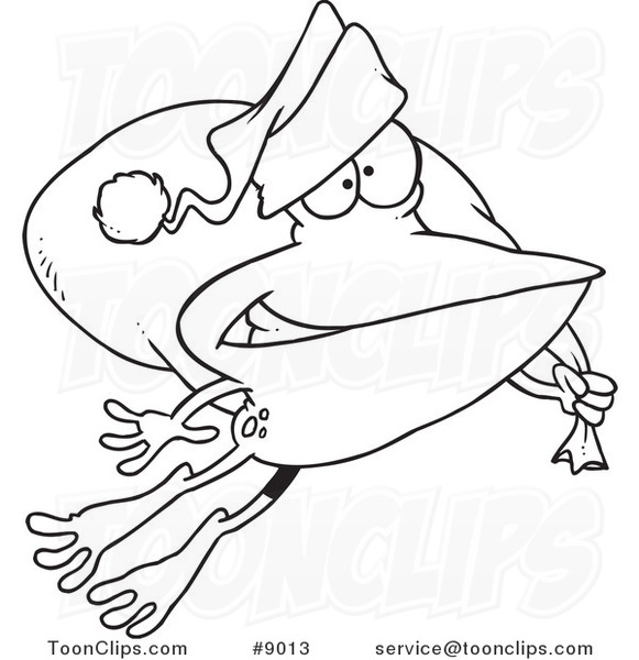 Cartoon Black and White Line Drawing of a Santa Frog Hopping