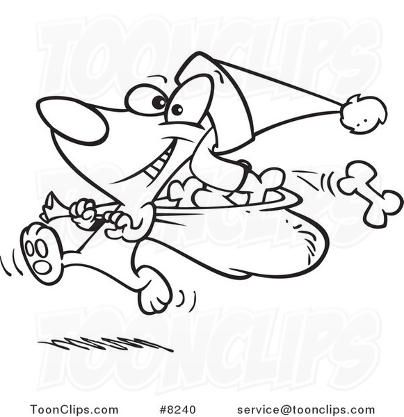 Cartoon Black and White Line Drawing of a Santa Paws Dog Carrying a Bag of Bones