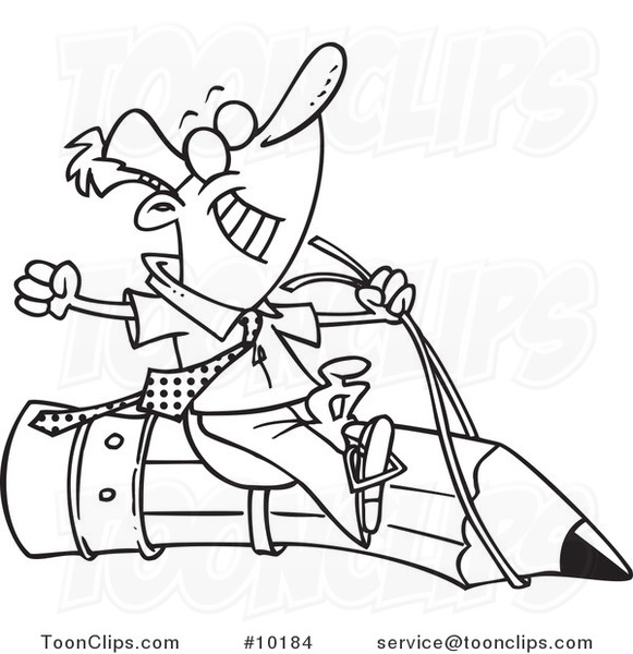 Cartoon Black and White Line Drawing of a Satisfied Business Man Riding a Pencil