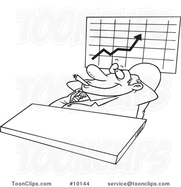 Cartoon Black and White Line Drawing of a Satisfied Business Man Smoking a Cigar by a Chart