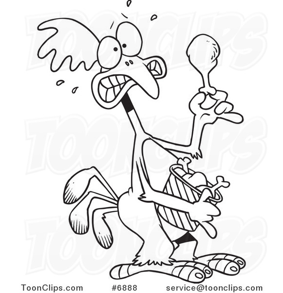 Cartoon Black and White Line Drawing of a Scared Chicken Holding a Drumstick