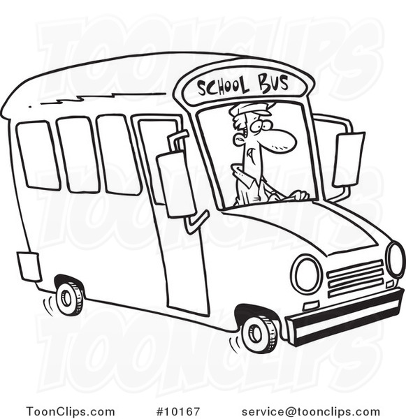 Cartoon Black and White Line Drawing of a School Bus Driver