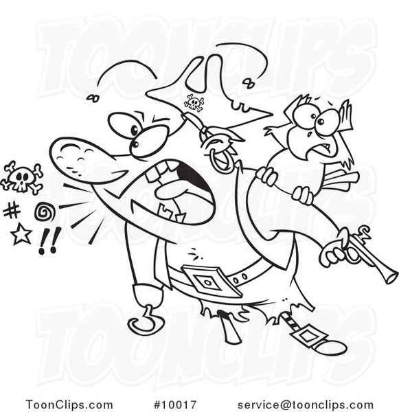 Cartoon Black and White Line Drawing of a Screaming Pirate