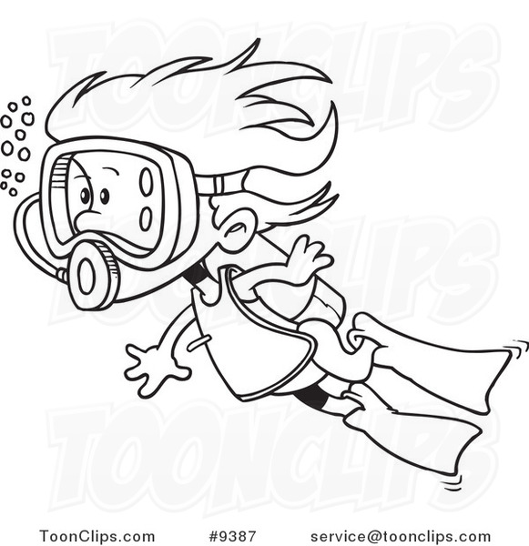 Cartoon Black and White Line Drawing of a Scuba Girl Swimming #9387 by Ron  Leishman