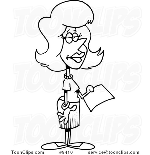 Cartoon Black and White Line Drawing of a Secretary Holding a Document