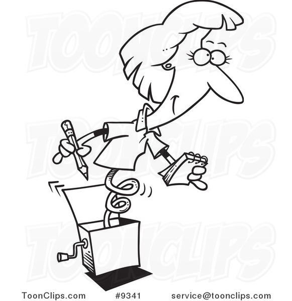 Cartoon Black and White Line Drawing of a Secretary Jack in the Box