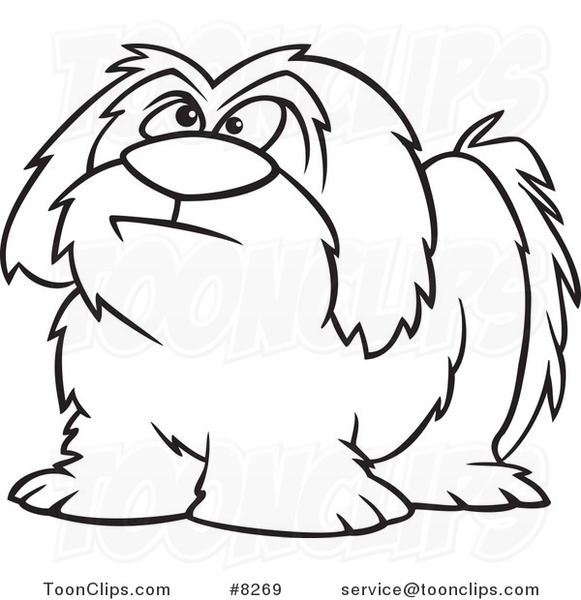 Cartoon Black and White Line Drawing of a Shaggy Dog