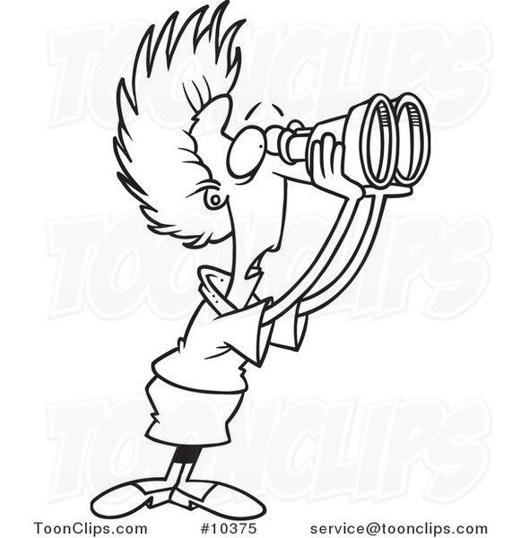 Cartoon Black and White Line Drawing of a Shocked Business Woman Using Binoculars