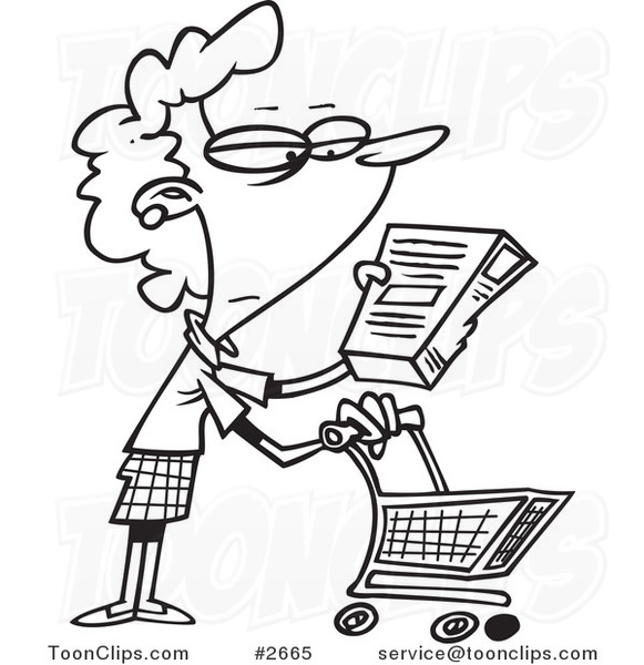 Cartoon Black and White Line Drawing of a Shopping Lady Reading an Ingredient Label