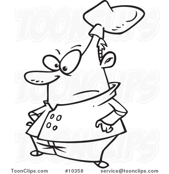 Cartoon Black and White Line Drawing of a Short Chef