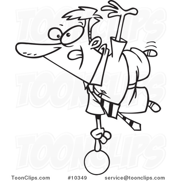 Cartoon Black and White Line Drawing of a Show off Business Man Balanced on a Ball