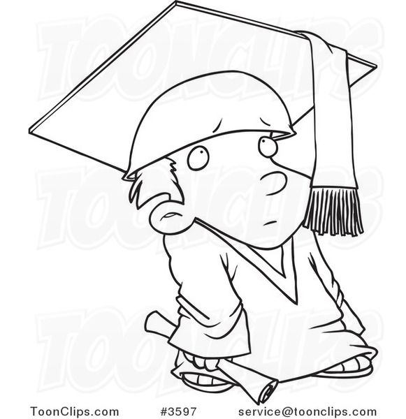 Cartoon Black and White Line Drawing of a Shy Graduate Boy