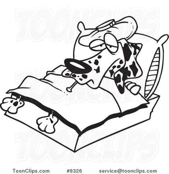 Cartoon Black and White Line Drawing of a Sick Dalmatian in Bed