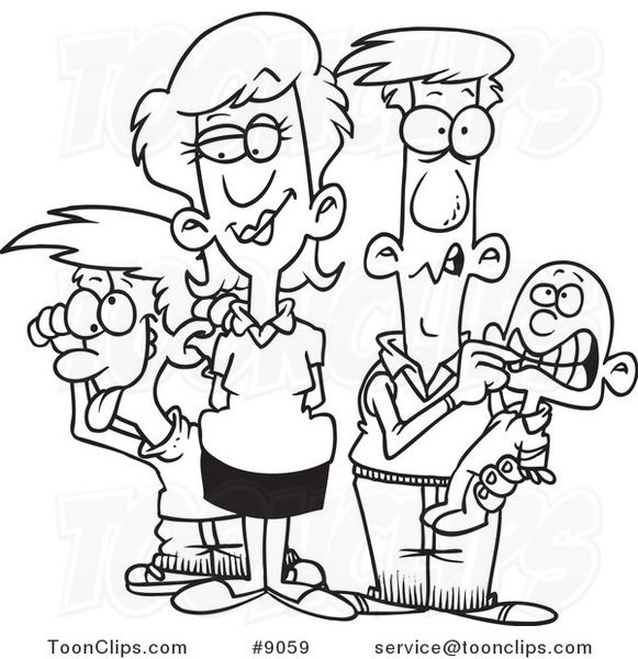 Cartoon Black and White Line Drawing of a Silly Family