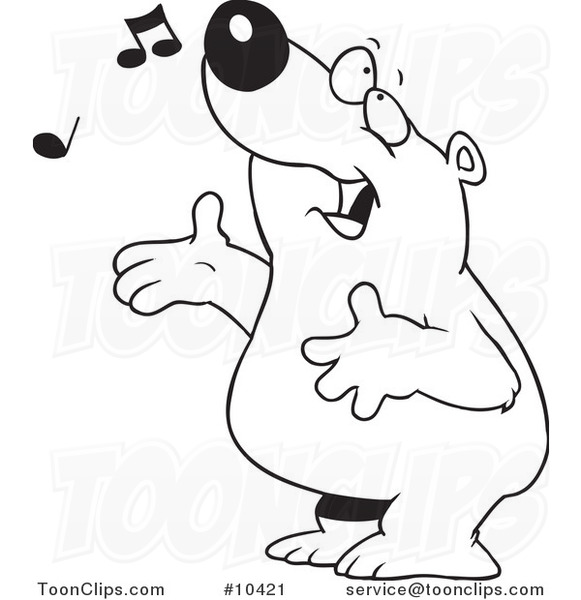 Cartoon Black and White Line Drawing of a Singing Bear